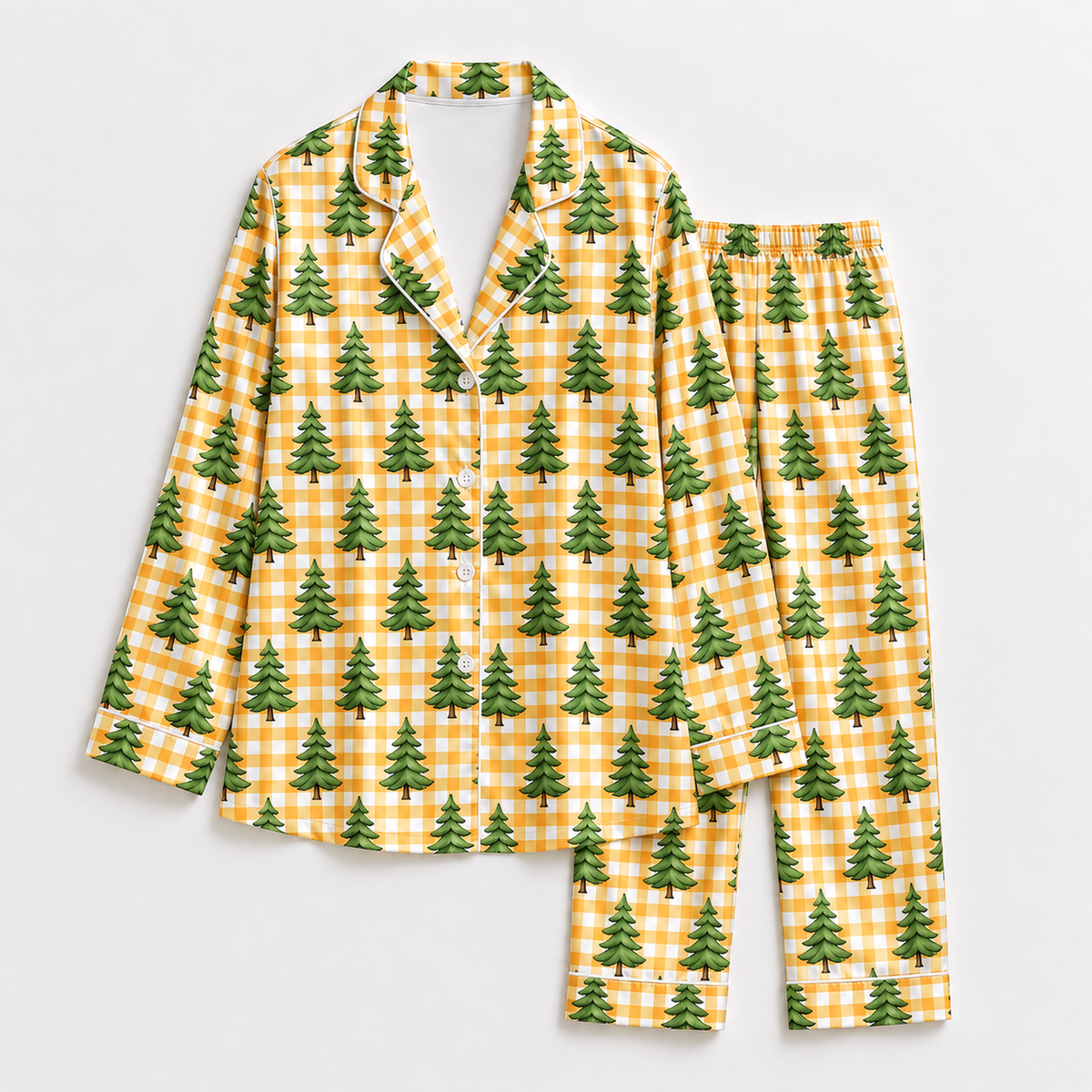 PJ-1792-Pine Tree Satin Pajama Set with Golden Gingham Checks and Evergreen Forest Pattern for Cozy Sleepwear