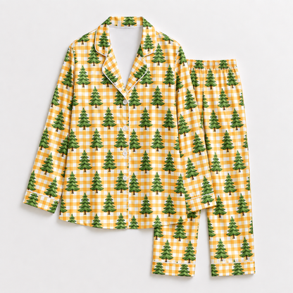 PJ-1792-Pine Tree Satin Pajama Set with Golden Gingham Checks and Evergreen Forest Pattern for Cozy Sleepwear