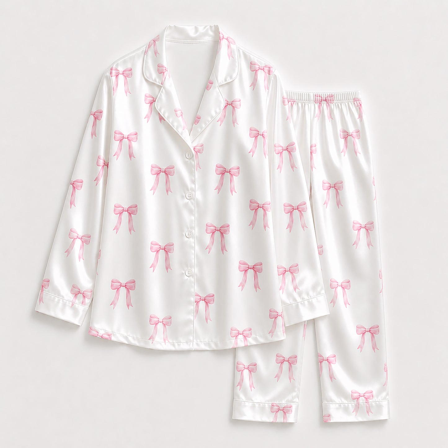 PJ-180-Satin White Pink Coquette Bow Classic Piping Button Up Pajama Set FREE SHIPING
