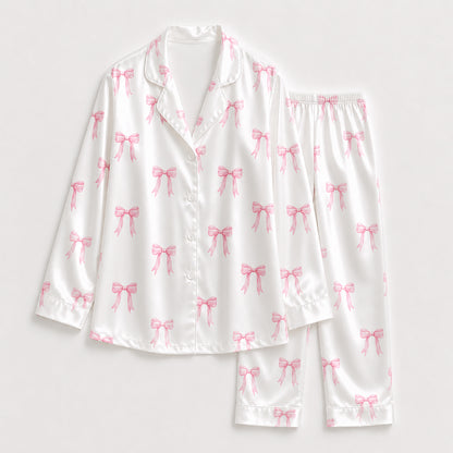 PJ-180-Satin White Pink Coquette Bow Classic Piping Button Up Pajama Set FREE SHIPING