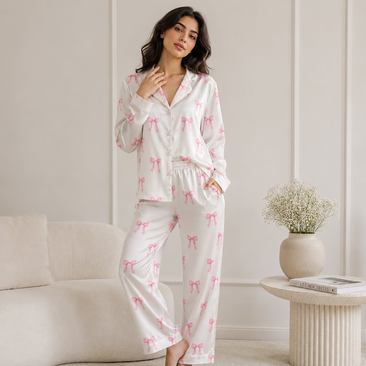 PJ-180-Satin White Pink Coquette Bow Classic Piping Button Up Pajama Set FREE SHIPING
