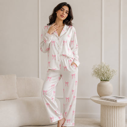 PJ-180-Satin White Pink Coquette Bow Classic Piping Button Up Pajama Set FREE SHIPING