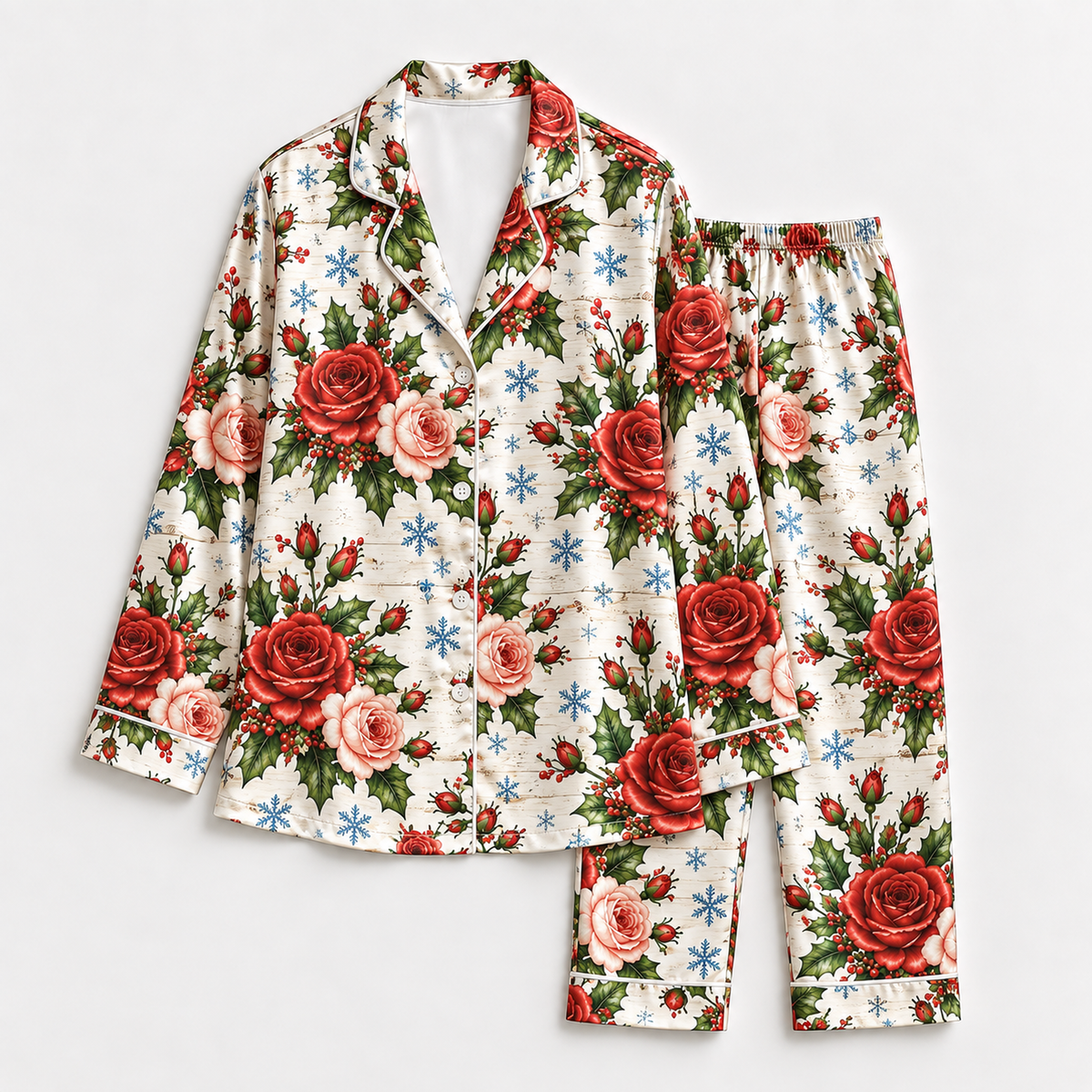 PJ-1806-Christmas Rose Satin Pajama Set with Red Roses Holly Berries Snowflakes and Festive Winter Floral Pattern for Cozy Sleepwear
