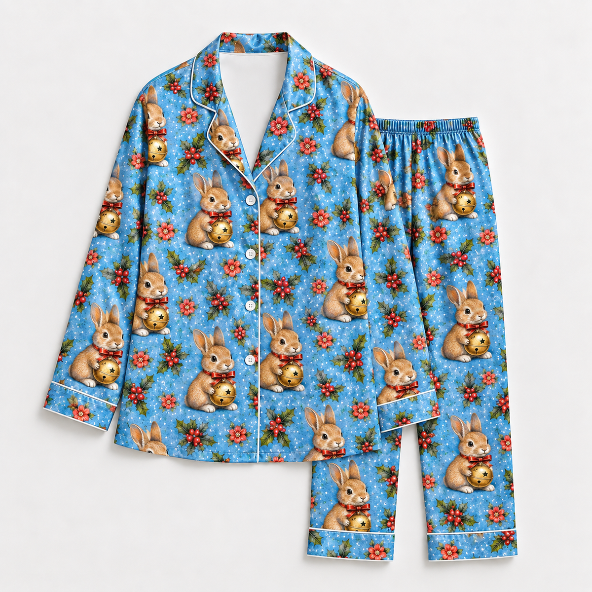 PJ-1808-Christmas Bunny Satin Pajama Set with Festive Rabbits Ornaments Red Flowers and Snowy Blue Holiday Pattern for Cozy Sleepwear