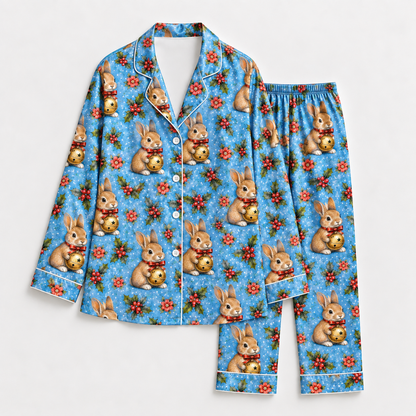 PJ-1808-Christmas Bunny Satin Pajama Set with Festive Rabbits Ornaments Red Flowers and Snowy Blue Holiday Pattern for Cozy Sleepwear