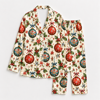 PJ-1809-Vintage Christmas Ornament Satin Pajama Set with Holly Bows Snowflakes and Festive Botanical Holiday Pattern for Cozy Sleepwear