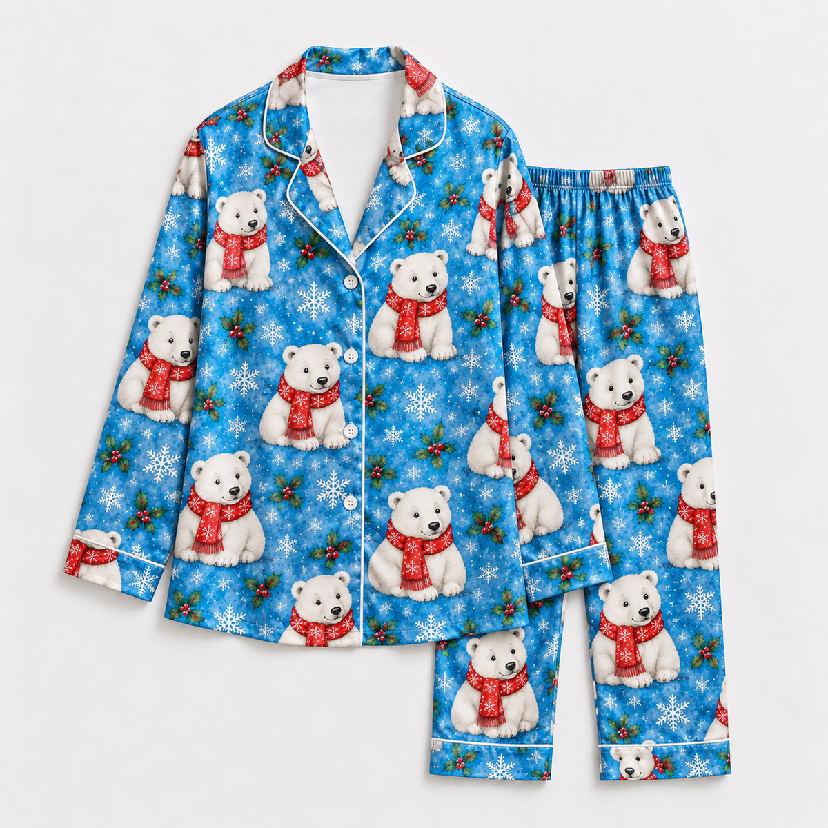 PJ-1812-Christmas Polar Bear Satin Pajama Set with Red Winter Sweaters Snowflakes Holly and Festive Blue Holiday Pattern for Cozy Sleepwear