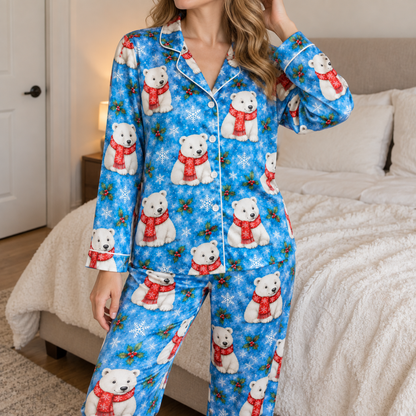 PJ-1812-Christmas Polar Bear Satin Pajama Set with Red Winter Sweaters Snowflakes Holly and Festive Blue Holiday Pattern for Cozy Sleepwear