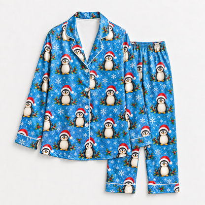 PJ-1814-Christmas Penguin Satin Pajama Set with Santa Hats Snowflakes Holly and Festive Blue Winter Holiday Pattern for Cozy Sleepwear
