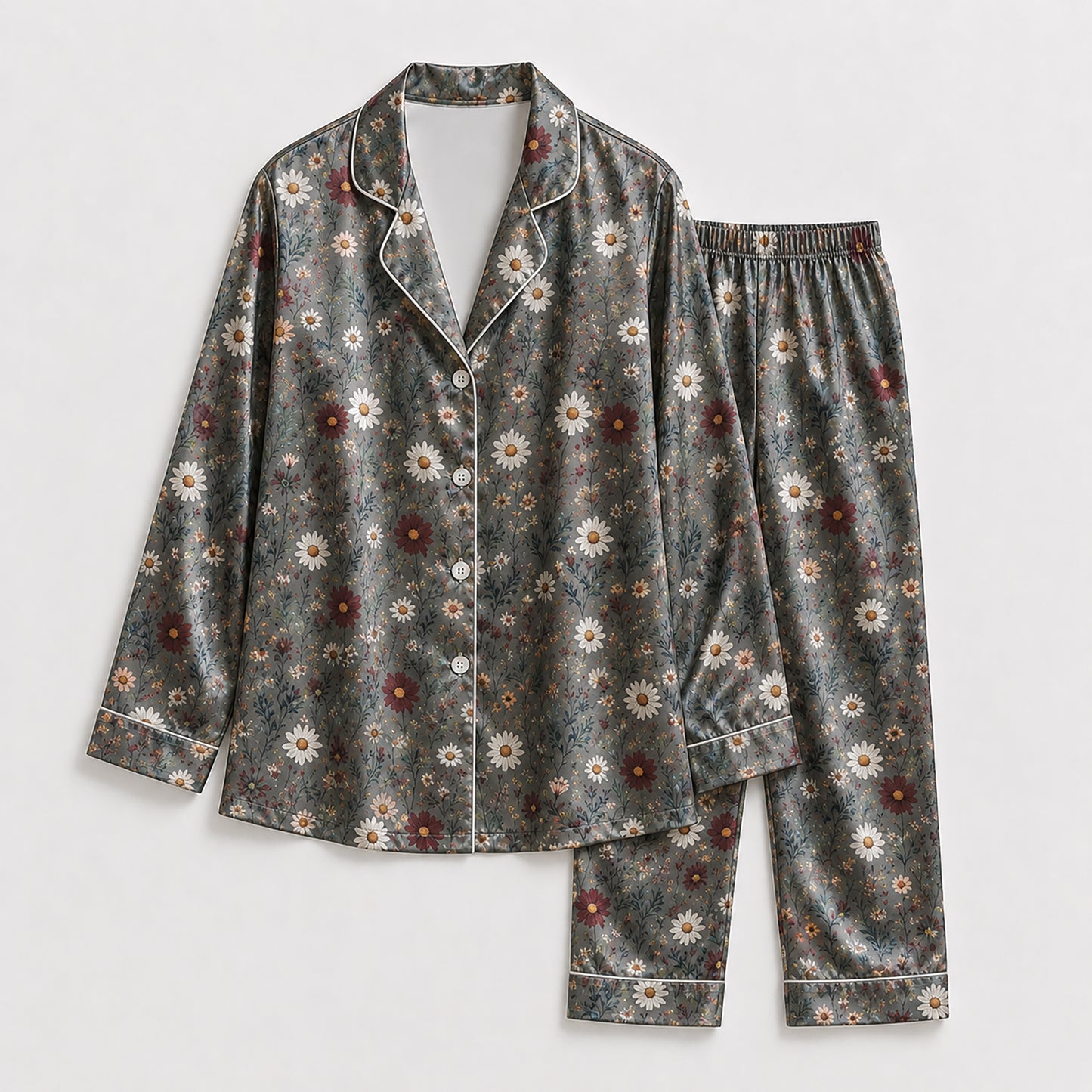 PJ-182-Gray Floral Satin Sleepwear Set With Daisy Print And Comfortable Matching Pajama Bottoms FREE SHIPING