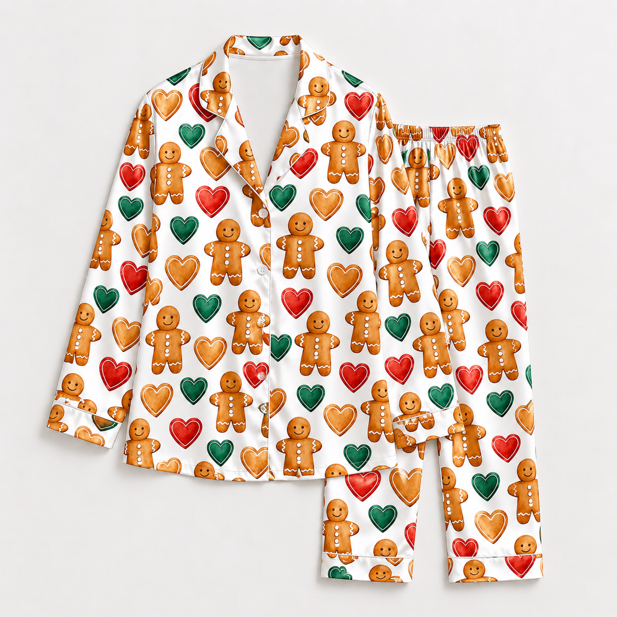 PJ-1829-Gingerbread Christmas Satin Pajama Set with Gingerbread Men Colorful Hearts and Festive Holiday Cookie Pattern for Cozy Sleepwear