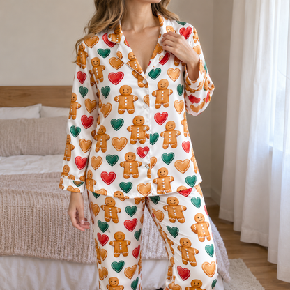 PJ-1829-Gingerbread Christmas Satin Pajama Set with Gingerbread Men Colorful Hearts and Festive Holiday Cookie Pattern for Cozy Sleepwear