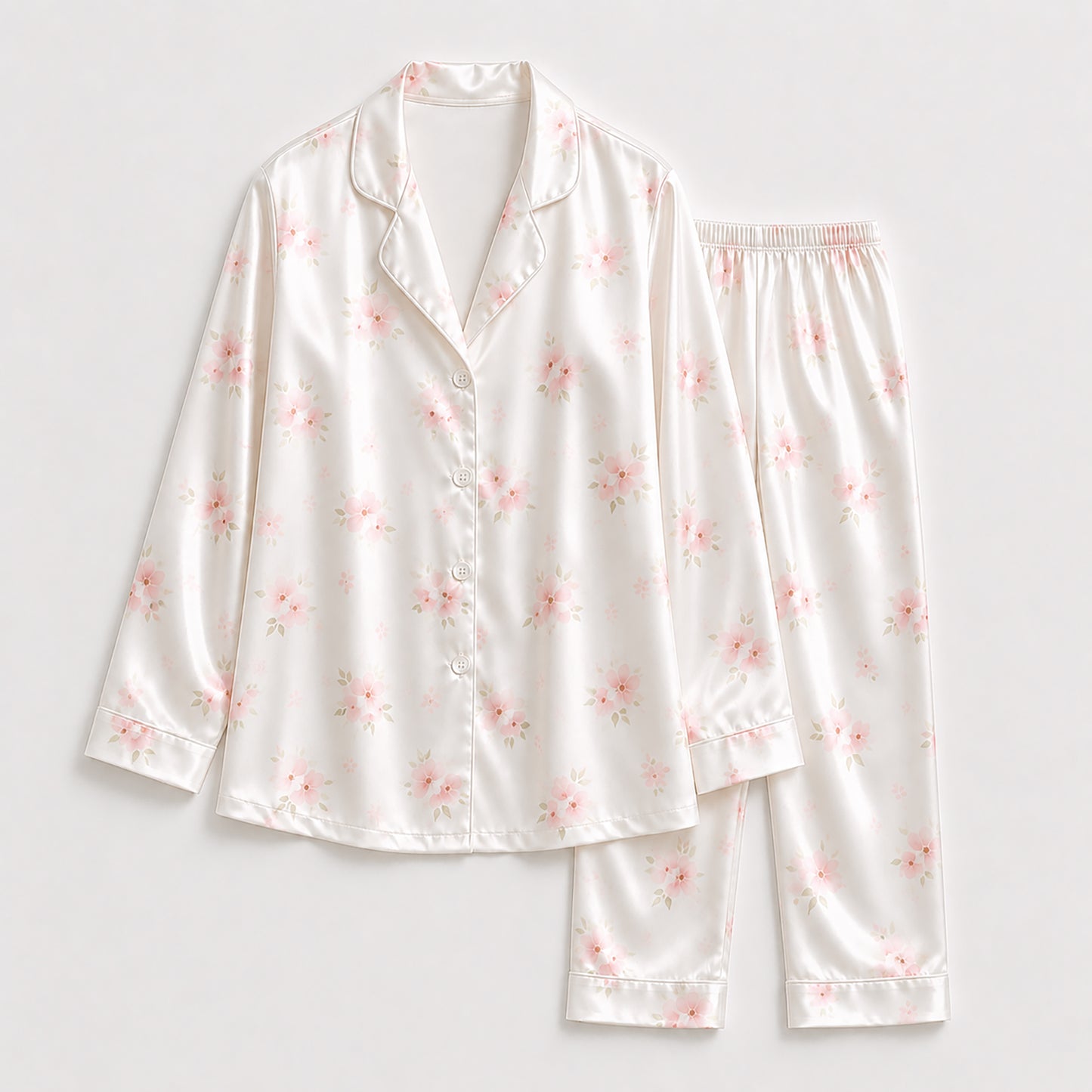 PJ-183-Satin Pearl White Soft Blossom Piping Button-Up Set FREE SHIPING