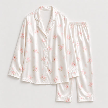 PJ-183-Satin Pearl White Soft Blossom Piping Button-Up Set FREE SHIPING