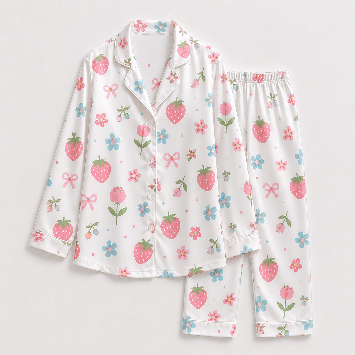 PJ-184-Strawberry Pure Mulberry Silk Pajama Set, White Fruit Flower Print Botanical Loungewear Sleepwear Collection FREE SHIPING