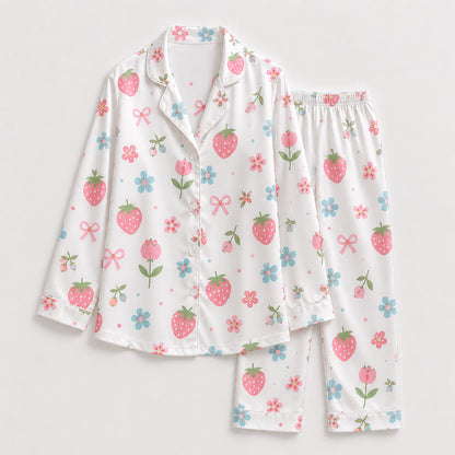 PJ-184-Strawberry Pure Mulberry Silk Pajama Set, White Fruit Flower Print Botanical Loungewear Sleepwear Collection FREE SHIPING