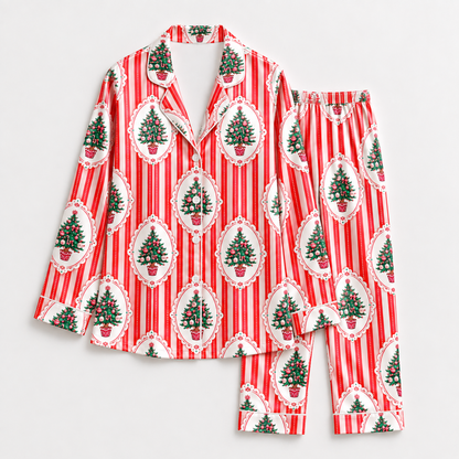 PJ-1848-Vintage Christmas Tree Satin Pajama Set, Red Stripe Holiday Tree Ornament Pajamas, Retro Festive Christmas Sleepwear
