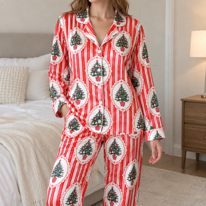 PJ-1848-Vintage Christmas Tree Satin Pajama Set, Red Stripe Holiday Tree Ornament Pajamas, Retro Festive Christmas Sleepwear