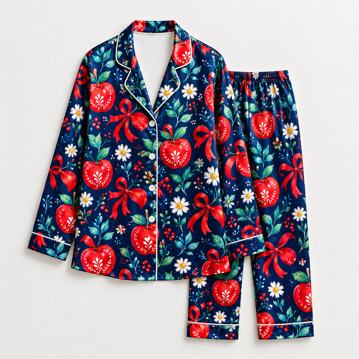 PJ-1849-Christmas Heart Ornament Satin Pajama Set, Red Bow Daisy Floral Festive Holiday Sleepwear