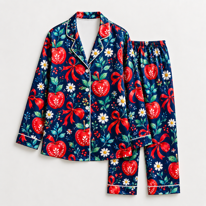 PJ-1849-Christmas Heart Ornament Satin Pajama Set, Red Bow Daisy Floral Festive Holiday Sleepwear
