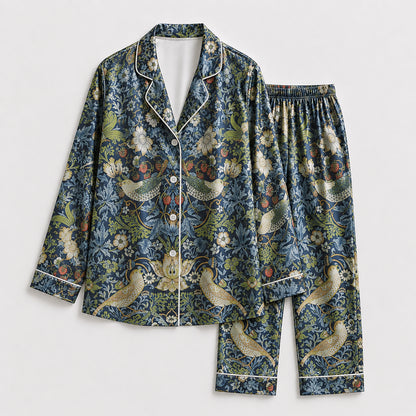 PJ-185-Satin Midnight Navy Heritage Tapestry Piping Button-Up Set FREE SHIPING