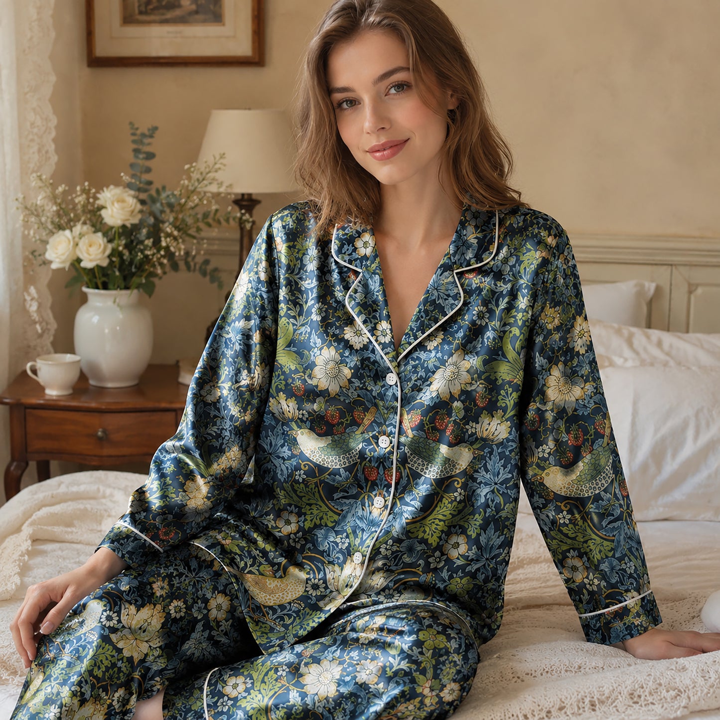 PJ-185-Satin Midnight Navy Heritage Tapestry Piping Button-Up Set FREE SHIPING