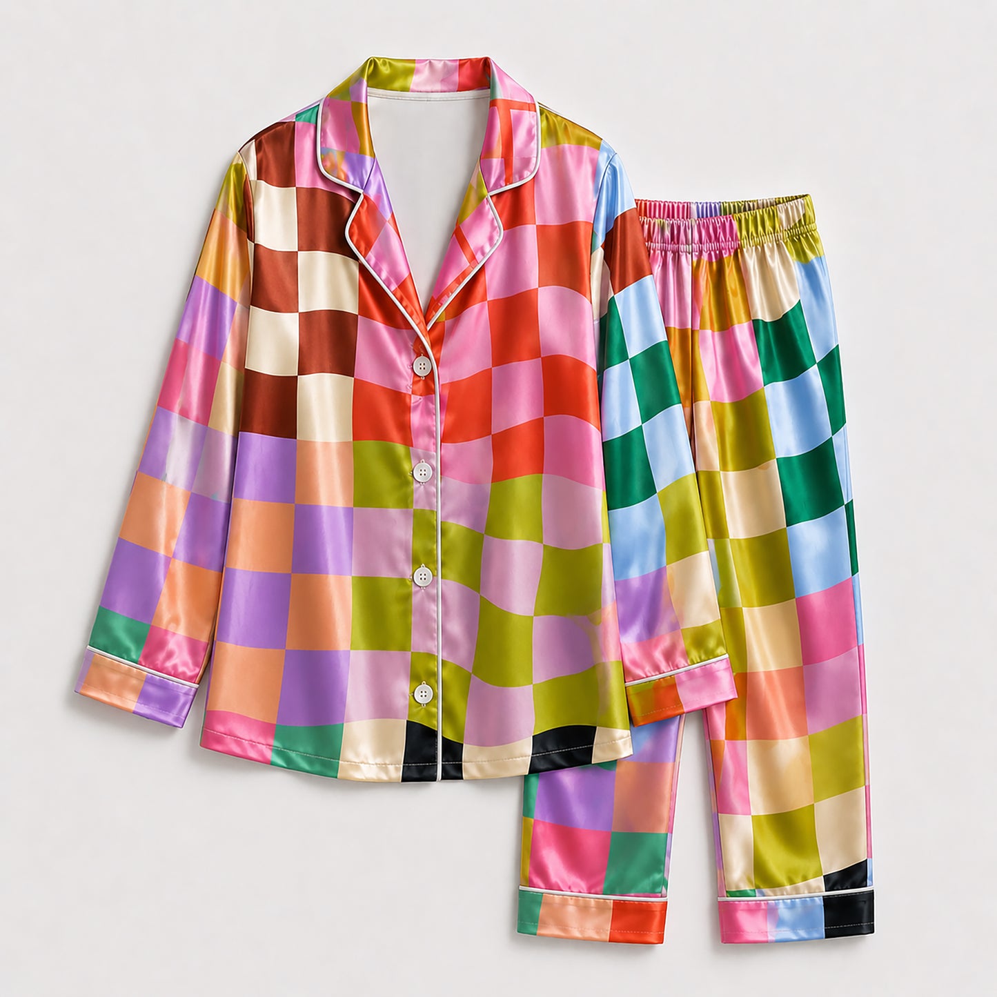PJ-186-Unisex Satin Pajama Set with Colorful Checkerboard Print Button Down Sleepwear Shirt and Pants FREE SHIPING