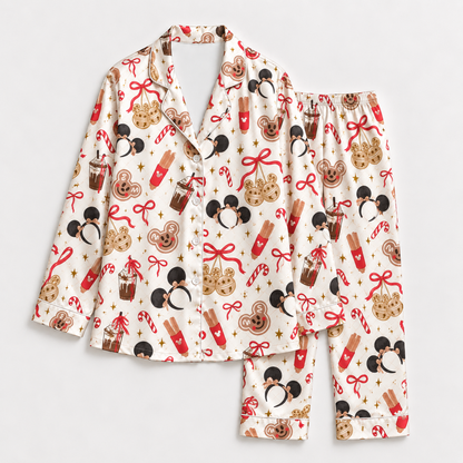 PJ-1863-Mickey Mouse Christmas Satin Pajama Set, Gingerbread Candy Cane Holiday Treat Festive Sleepwear