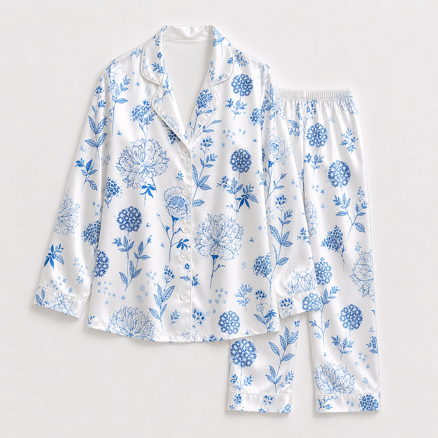 PJ-187-Elegant Blue Flower Satin Pajama Set With Button Up Top And Soft Matching Sleepwear Bottoms FREE SHIPING