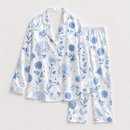 PJ-187-Elegant Blue Flower Satin Pajama Set With Button Up Top And Soft Matching Sleepwear Bottoms FREE SHIPING