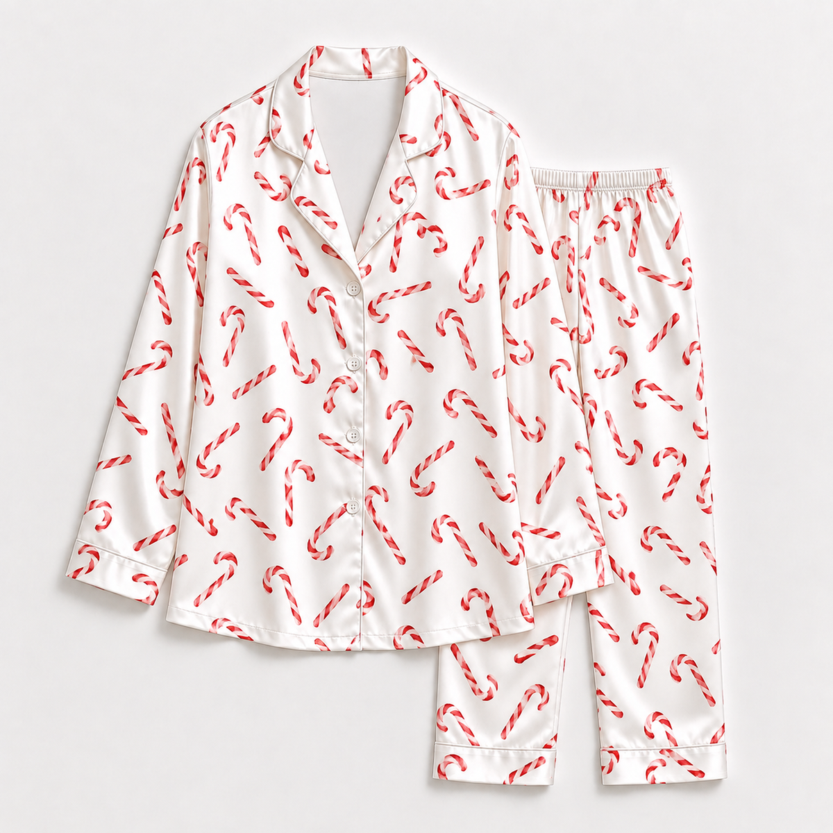 PJ-1879-Candy Cane Christmas Satin Pajama Set with Classic Red and White Peppermint Holiday Pattern for Cozy Sleepwear