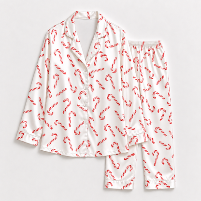 PJ-1879-Candy Cane Christmas Satin Pajama Set with Classic Red and White Peppermint Holiday Pattern for Cozy Sleepwear