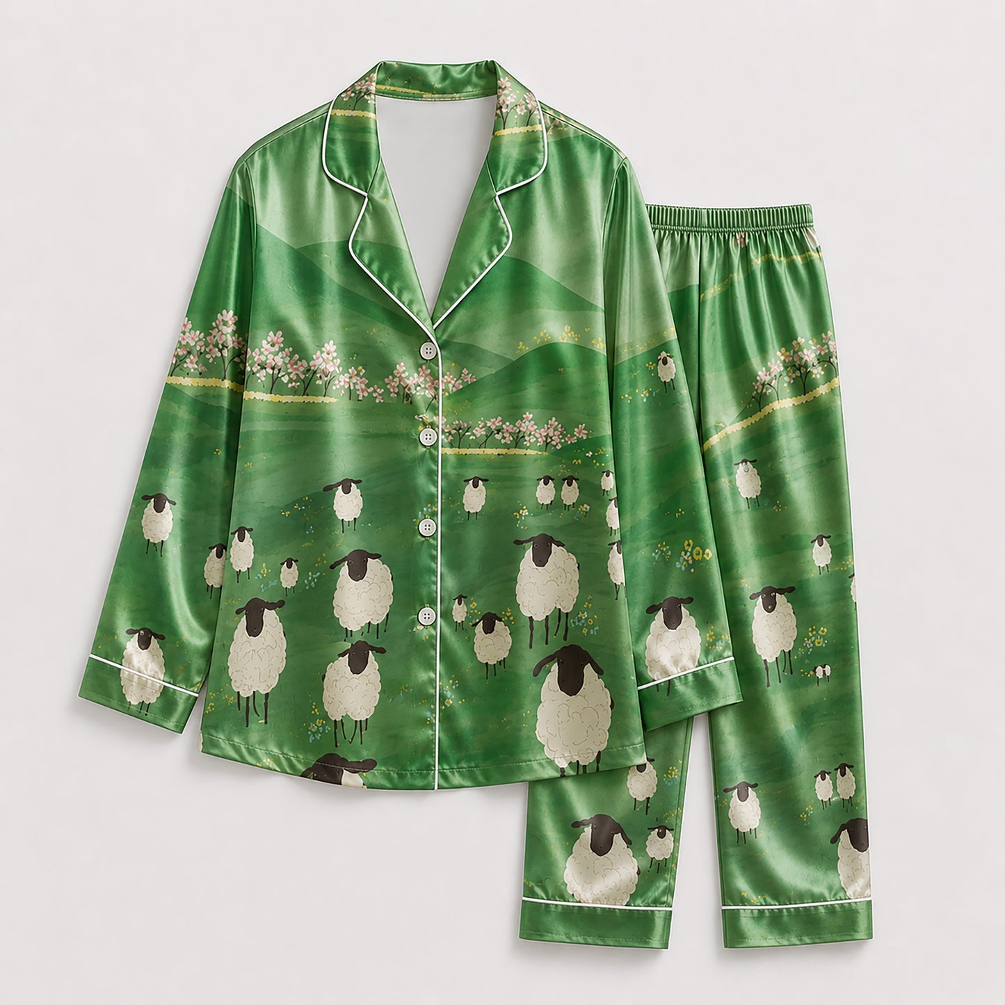 PJ-188-Countryside Sheep Satin Sleepwear Set With Floral Field Design And Comfortable Matching Pajama Bottoms FREE SHIPING