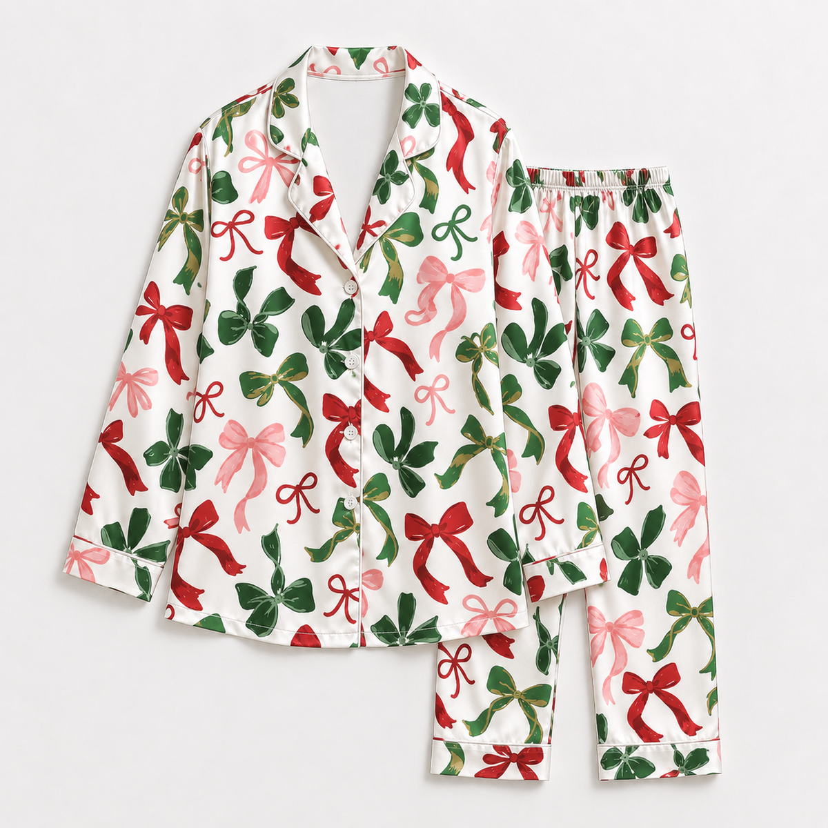 PJ-1880-Christmas Bow Satin Pajama Set with Red Pink Green Ribbon Bows and Elegant Festive Holiday Pattern for Cozy Sleepwear