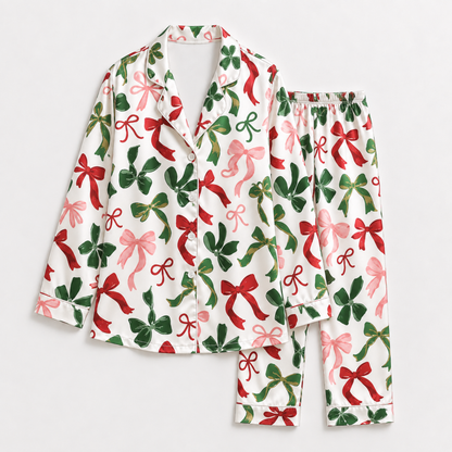 PJ-1880-Christmas Bow Satin Pajama Set with Red Pink Green Ribbon Bows and Elegant Festive Holiday Pattern for Cozy Sleepwear