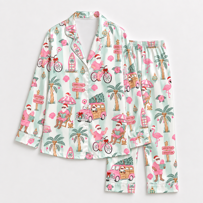 PJ-1881-Tropical Santa Christmas Satin Pajama Set with Flamingos Palm Trees Bicycles Beach Signs and Festive Vacation Pattern for Cozy Sleepwear