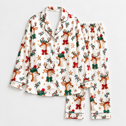 PJ-1882-Christmas Reindeer Satin Pajama Set with Holly Berries Stars Festive Hats and Whimsical Woodland Holiday Pattern for Cozy Sleepwear