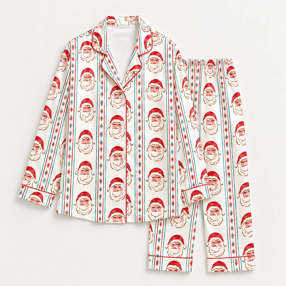 PJ-1883-Retro Santa Satin Pajama Set with Christmas Trees Snowflakes and Vintage Holiday Stripe Pattern for Cozy Sleepwear