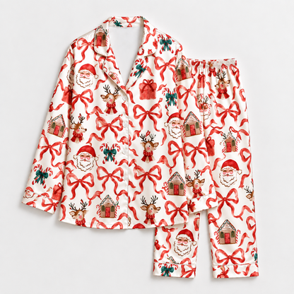 PJ-1885-Christmas Bow Satin Pajama Set with Santa Reindeer Gifts Gingerbread Houses and Festive Holiday Pattern for Cozy Sleepwear
