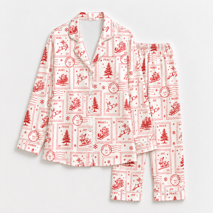 PJ-1886-Vintage Christmas Postage Satin Pajama Set with Santa Reindeer Trees and Retro Holiday Stamp Pattern for Cozy Sleepwear