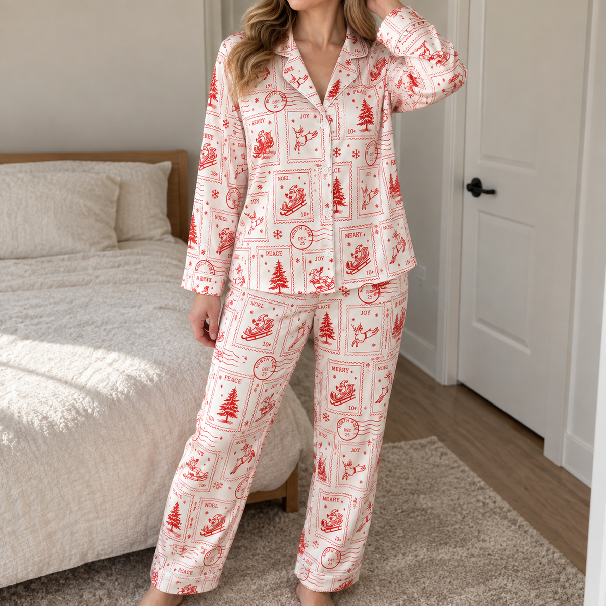 PJ-1886-Vintage Christmas Postage Satin Pajama Set with Santa Reindeer Trees and Retro Holiday Stamp Pattern for Cozy Sleepwear