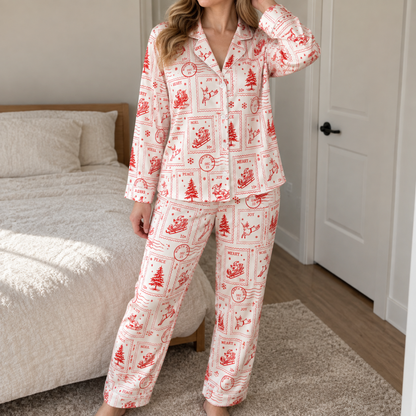 PJ-1886-Vintage Christmas Postage Satin Pajama Set with Santa Reindeer Trees and Retro Holiday Stamp Pattern for Cozy Sleepwear