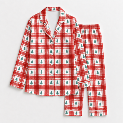 PJ-1887-Winter Village Satin Pajama Set with Snowy Houses Trees Snowmen Berries and Whimsical Holiday Pattern for Cozy Sleepwear