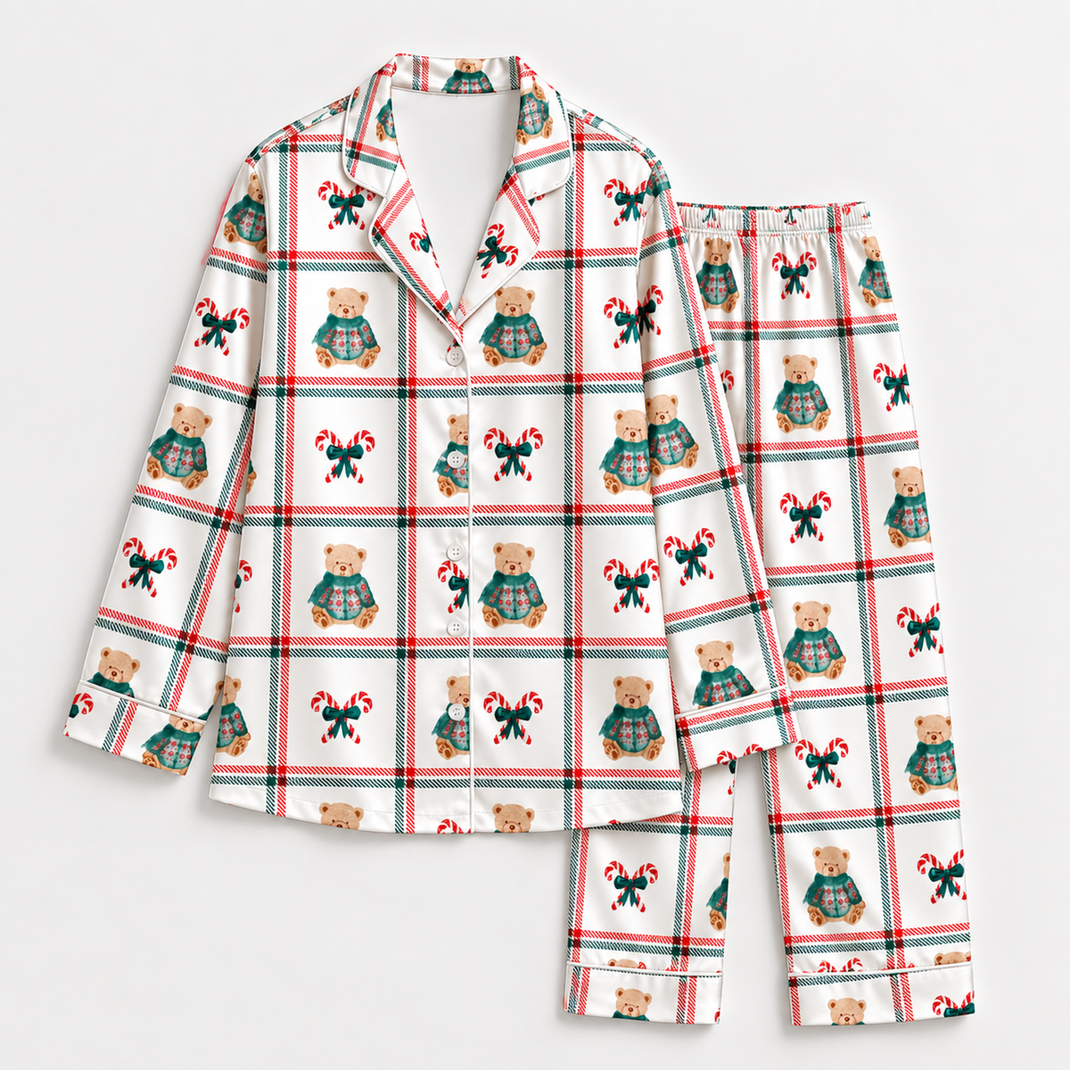 PJ-1888-Christmas Gift Satin Pajama Set with Wrapped Presents Candy Canes Peppermints Bows and Festive Holiday Pattern for Cozy Sleepwear