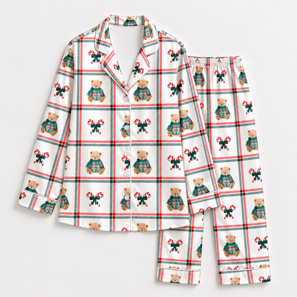 PJ-1888-Christmas Gift Satin Pajama Set with Wrapped Presents Candy Canes Peppermints Bows and Festive Holiday Pattern for Cozy Sleepwear