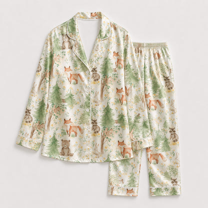 PJ-189-Cute Woodland Animal Satin Sleepwear Set With Pine Tree Print And Matching Pajama Bottoms FREE SHIPING