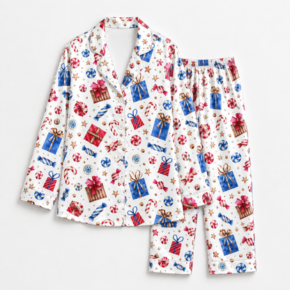 PJ-1891-Christmas Teddy Bear Satin Pajama Set with Tartan Plaid Candy Canes Bows and Festive Holiday Pattern for Cozy Sleepwear