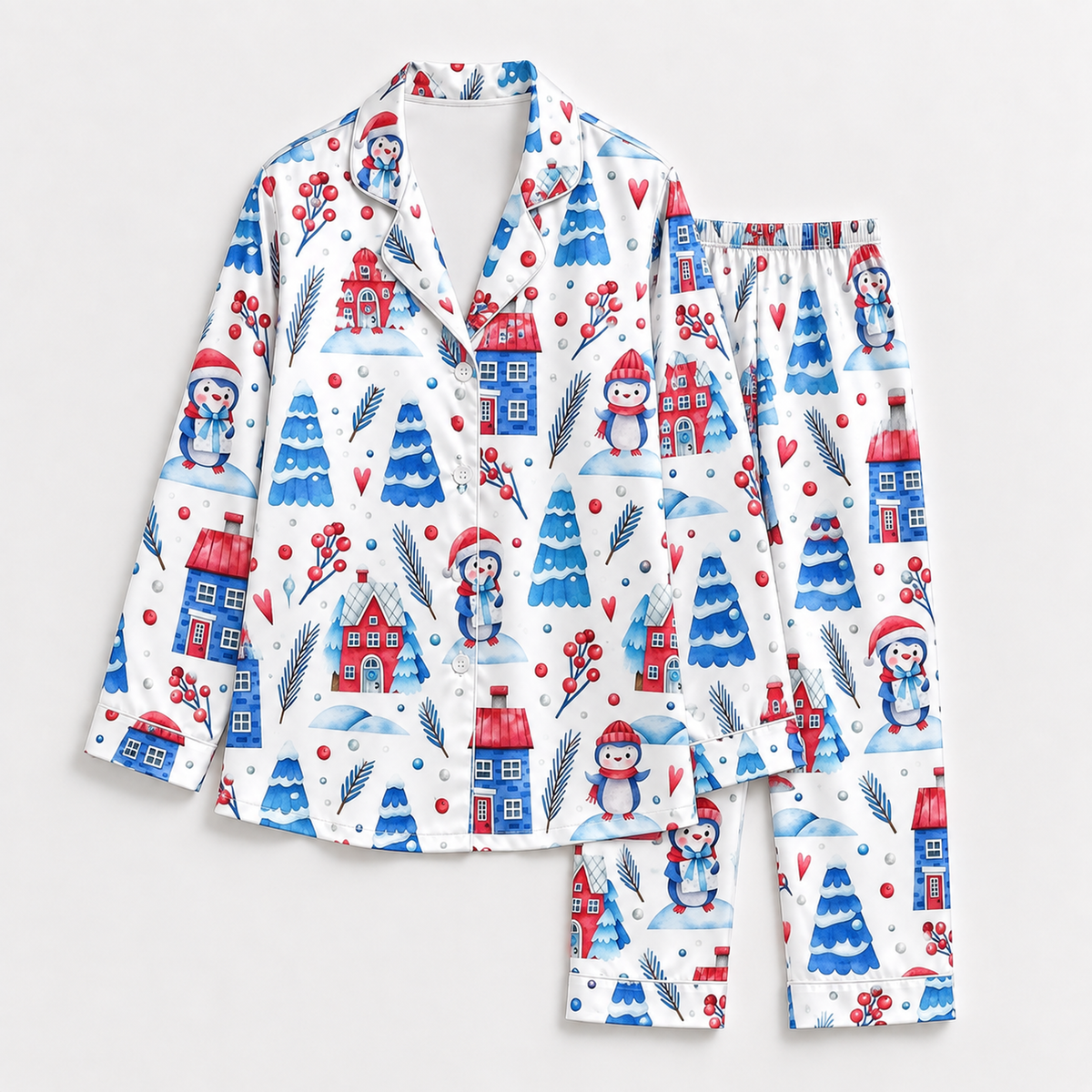 PJ-1892-Christmas Plaid Satin Pajama Set with Evergreen Trees Red Tartan Check Pattern for Cozy Holiday Sleepwear