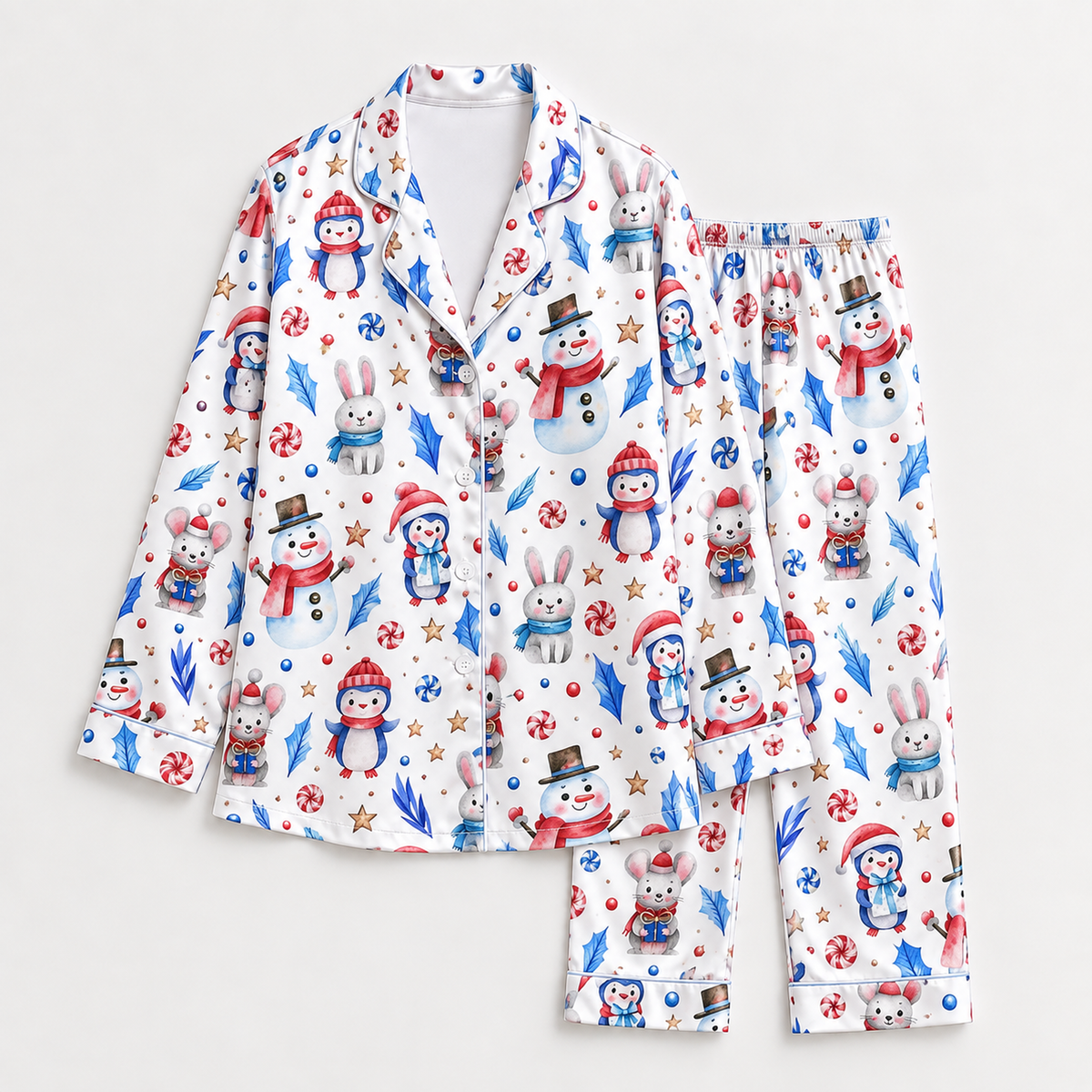 PJ-1893-Snowman Christmas Satin Pajama Set with Winter Bunnies Peppermints Stars Snowflakes and Whimsical Holiday Pattern for Cozy Sleepwear