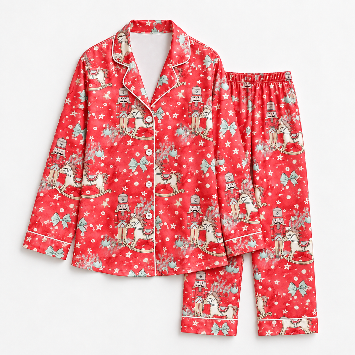 PJ-1894-Nutcracker Christmas Satin Pajama Set with Rocking Horses Bows Snowflakes and Festive Holiday Pattern for Cozy Sleepwear